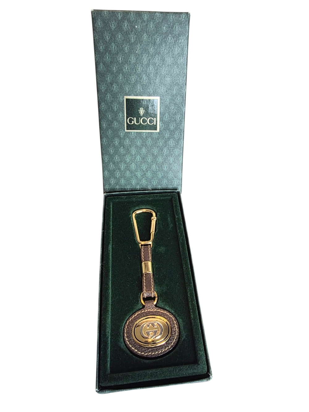 Gucci Vintage Keychain Brown Leather&Gold-Tone Hardware Interlocking G Medallion